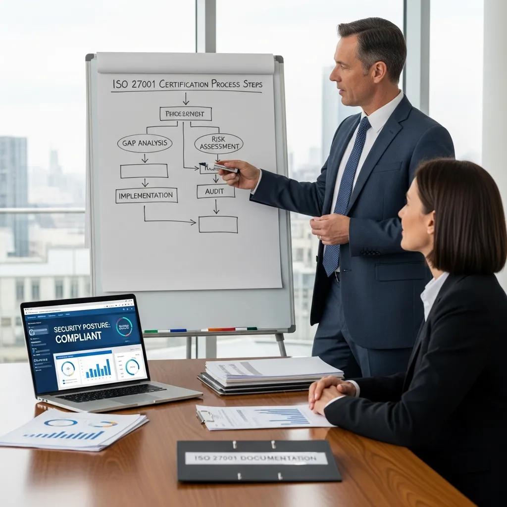 Berater erklärt Schritte des ISO 27001-Zertifizierungsprozesses an Flipchart, Laptop zeigt Sicherheitsstatus "COMPLIANT", Büroumgebung mit Dokumentationen.