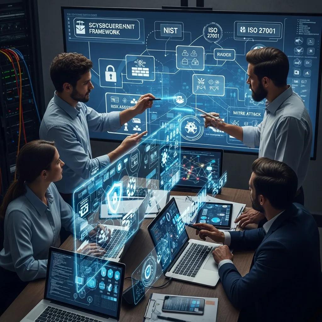 Fünf Cyber-Security-Profis in modernem Büro, diskutieren und analysieren Sicherheitsframeworks wie NIST und ISO 27001, mit holografischen Darstellungen von Sicherheitsrisiken und Schutzmaßnahmen auf Bildschirmen und Laptops.