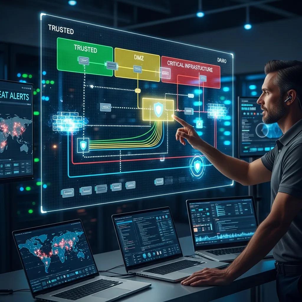 Cybersecurity‑Experte analysiert ein segmentiertes Netzwerkdiagramm auf einem Bildschirm