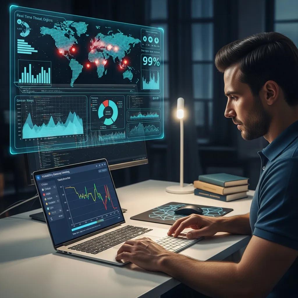 Mann analysiert Cybersecurity-Daten auf Laptop und Monitor, mit Grafiken zu Schwachstellen und Bedrohungen, im Kontext von Schwachstellenmanagement und Sicherheitsstrategien.