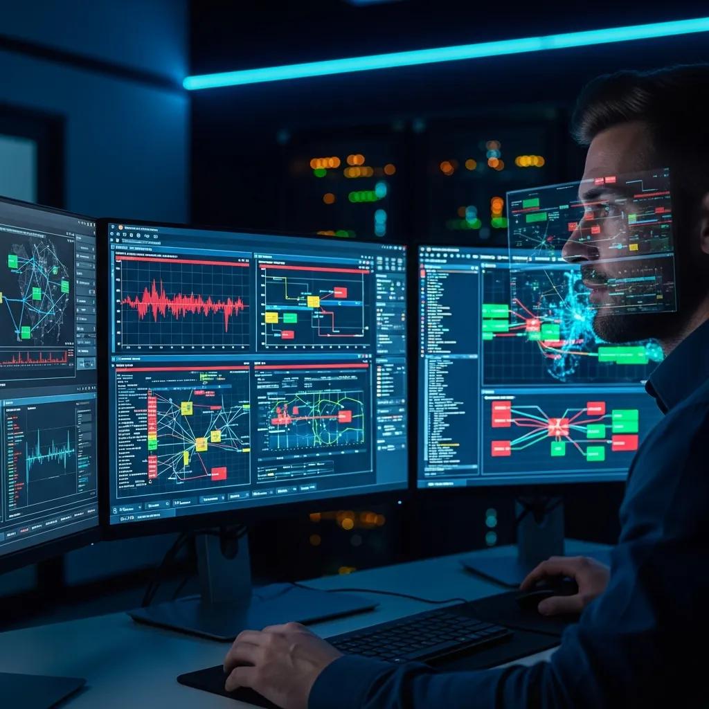IT-Sicherheitsexperte überwacht Netzwerkverkehr und Sicherheitswarnungen an mehreren Bildschirmen, betont die Bedeutung von Intrusion Detection Systemen (IDS).