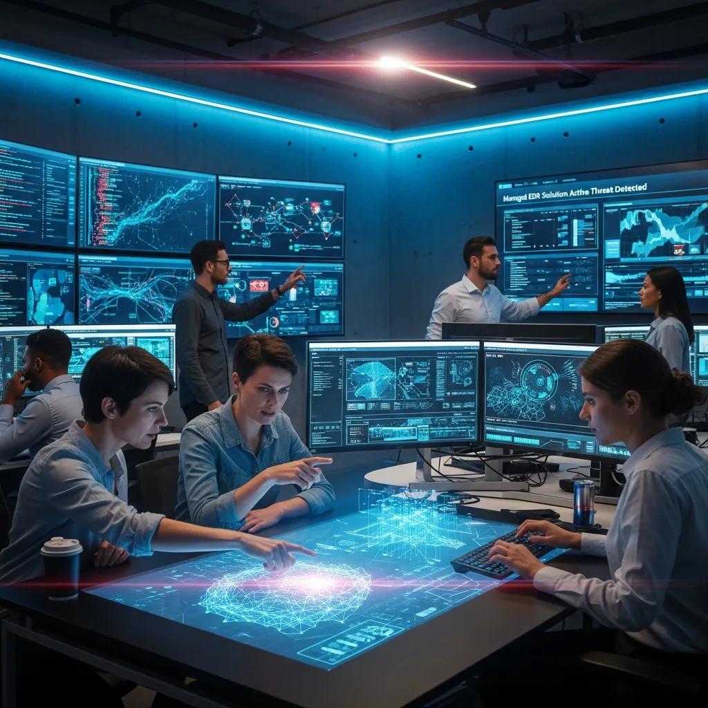 Cybersecurity-Team analysiert EDR-Lösungen an modernen Arbeitsplätzen mit interaktiven Bildschirmen und Datenvisualisierungen.