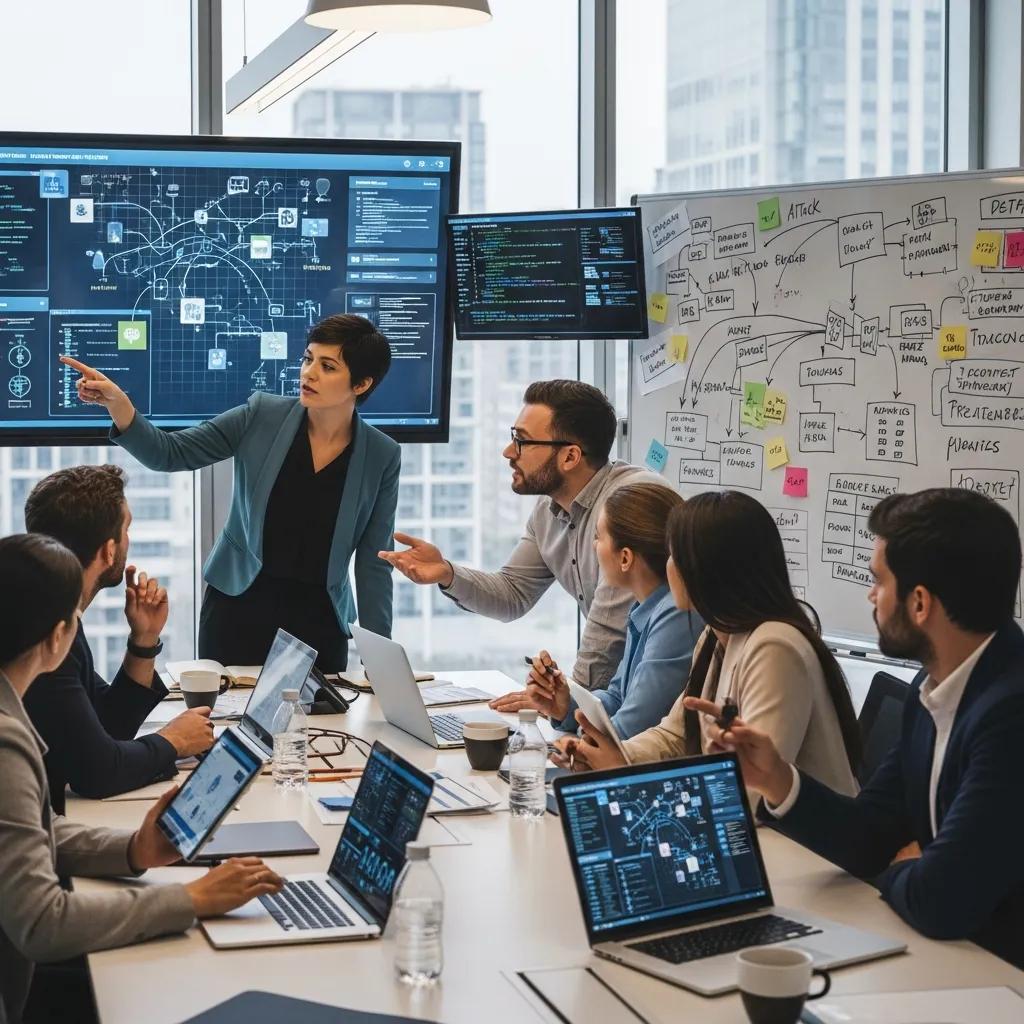 Cybersecurity team strategizing for incident response in a modern office, discussing crisis management and emergency planning, with multiple laptops and screens displaying data and analysis.