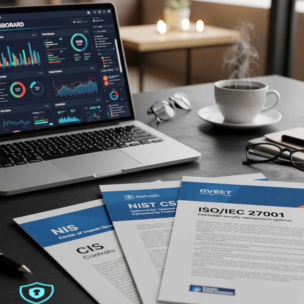 Laptop displaying cybersecurity dashboard with documents on NIST CSF, CIS Controls, and ISO/IEC 27001 on a desk, emphasizing IT security standards and frameworks.