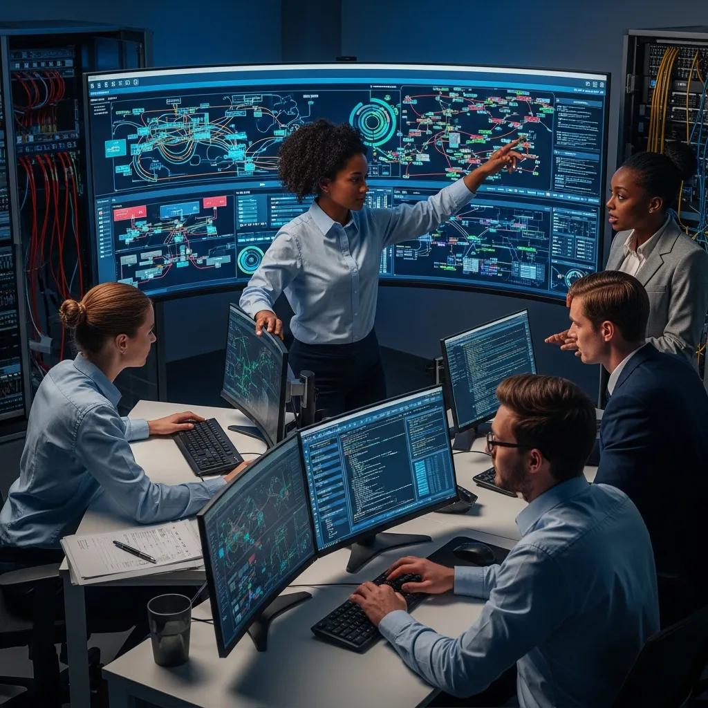Diverse Incident Response Team analysiert Cyber-Sicherheitsbedrohungen in einem hochmodernen Operationszentrum mit mehreren Bildschirmen und technischen Datenvisualisierungen.
