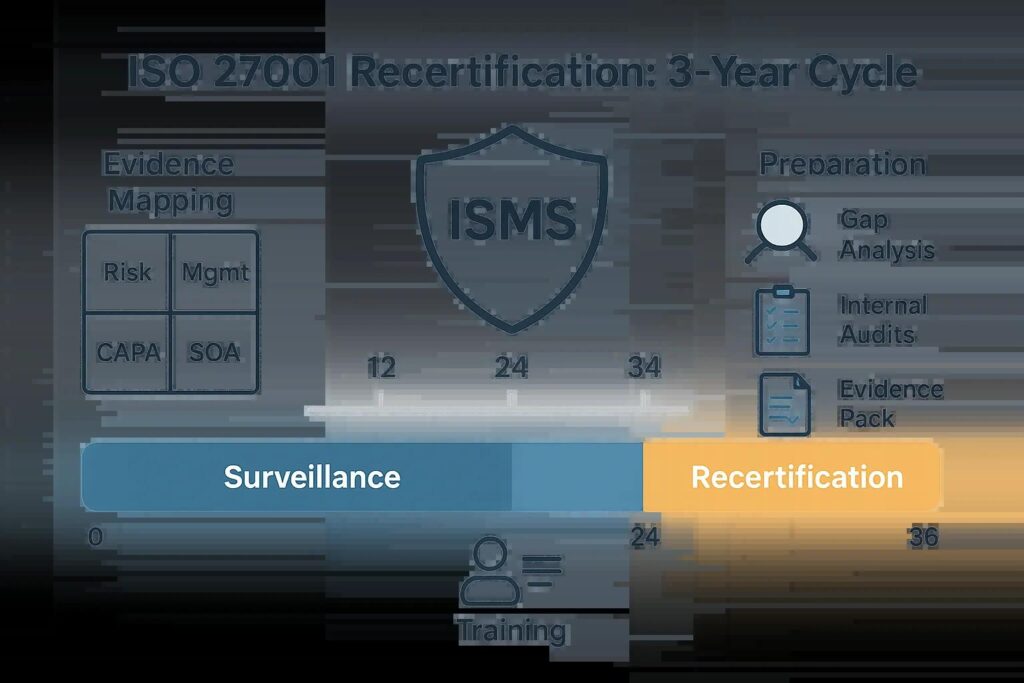 ISO 27001 Rezertifizierung: 3-Jahres-Zyklus-Diagramm mit Schwerpunkten auf Beweismapping, Überwachung, Vorbereitung, Gap-Analyse, internen Audits und Evidenzpaket.