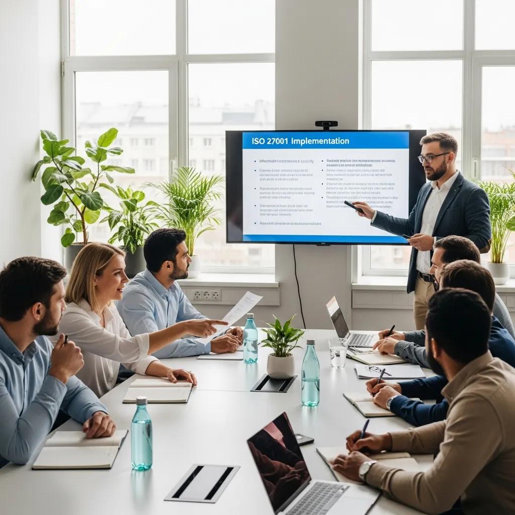 Mitarbeiter in einem Besprechungsraum während einer ISO 27001 Schulung, Präsentation über Informationssicherheit und Chancenmanagement auf einem Bildschirm, Zusammenarbeit und Engagement sichtbar.
