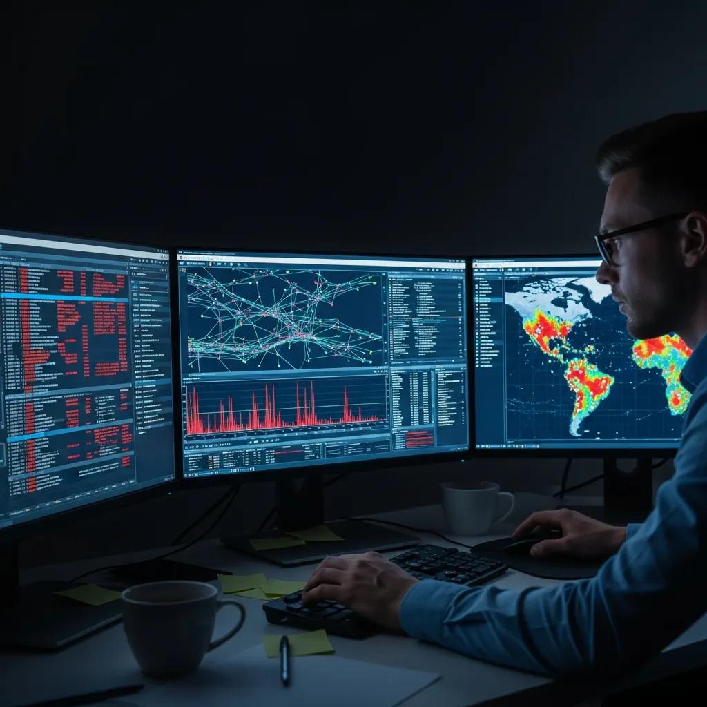 IT‑Forensiker analysiert Netzwerkdaten im Zusammenhang mit DDoS‑Angriffen