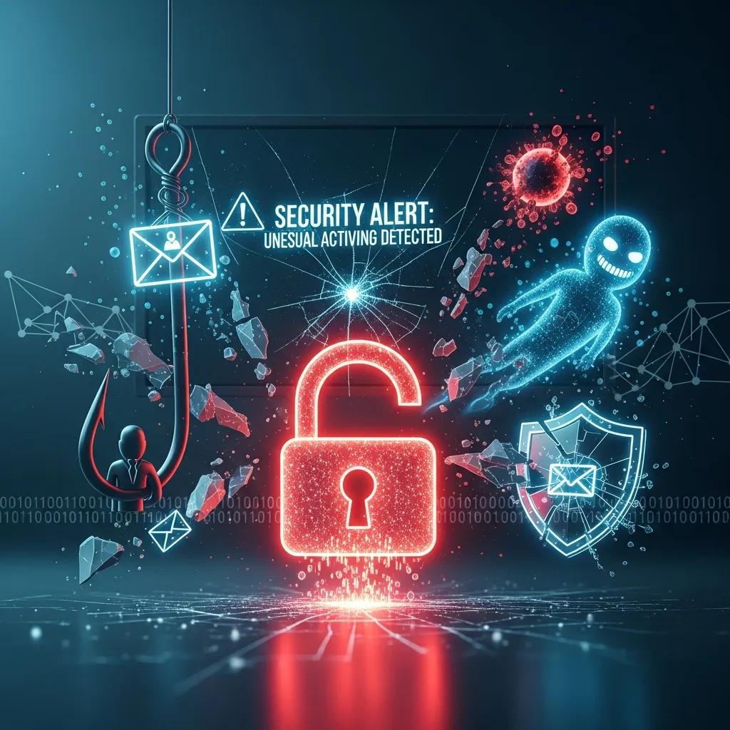 Sicherheitswarnung über Cyberbedrohungen wie Phishing und Malware mit einem digitalen Vorhängeschloss und Symbolen für Daten- und Geräteschutz.