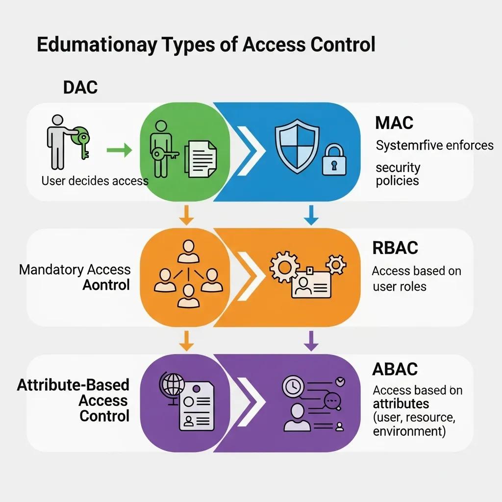 Illustration der vier Arten der Zugriffskontrolle: Discretionary Access Control (DAC), Mandatory Access Control (MAC), rollenbasierte Zugriffskontrolle (RBAC) und attributbasierte Zugriffskontrolle (ABAC), mit entsprechenden Symbolen und Flussdiagramm.