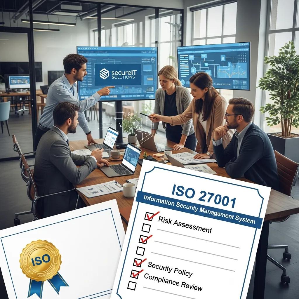 Team reviewing ISO 27001 certification process in a modern office, with laptops displaying security policies and a checklist for risk assessment, security policy, and compliance review.