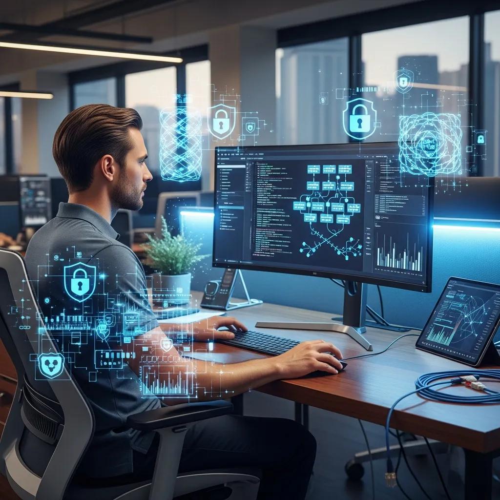 IT professional configuring a firewall with digital security elements in a modern office