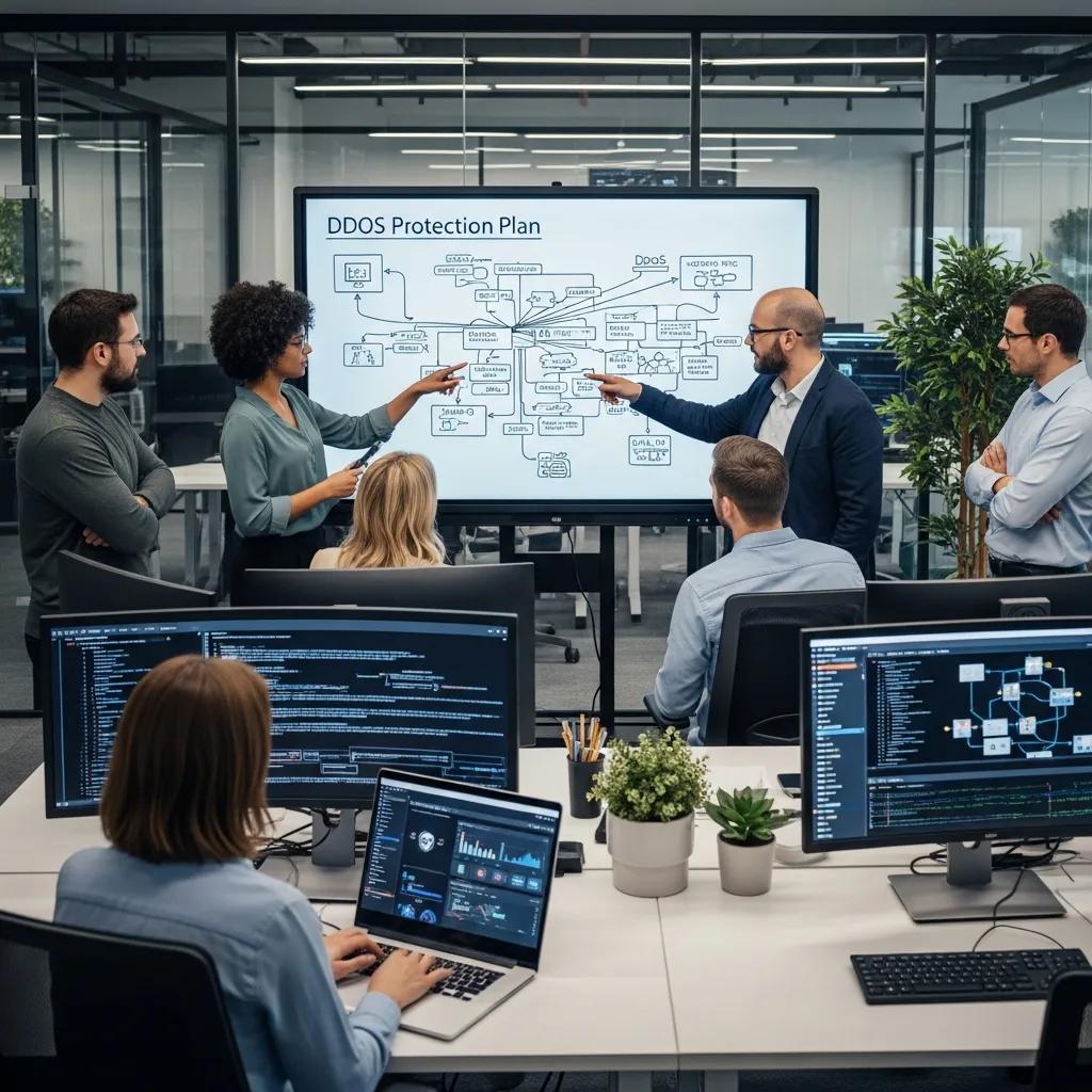 IT‑Fachleute besprechen DDoS‑Schutzstrategien in einem modernen Büro