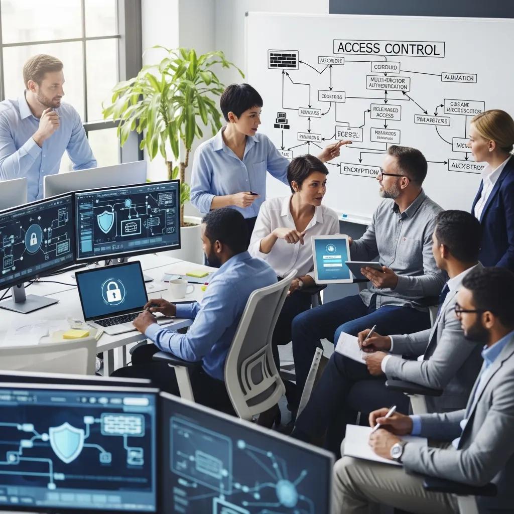 IT-Sicherheitsexperten diskutieren Zugriffskontrollstrategien in modernem Büro, Präsentation an Whiteboard mit Diagramm zu Zugriffskontrolle, mehrere Computer mit Sicherheitsgrafiken.