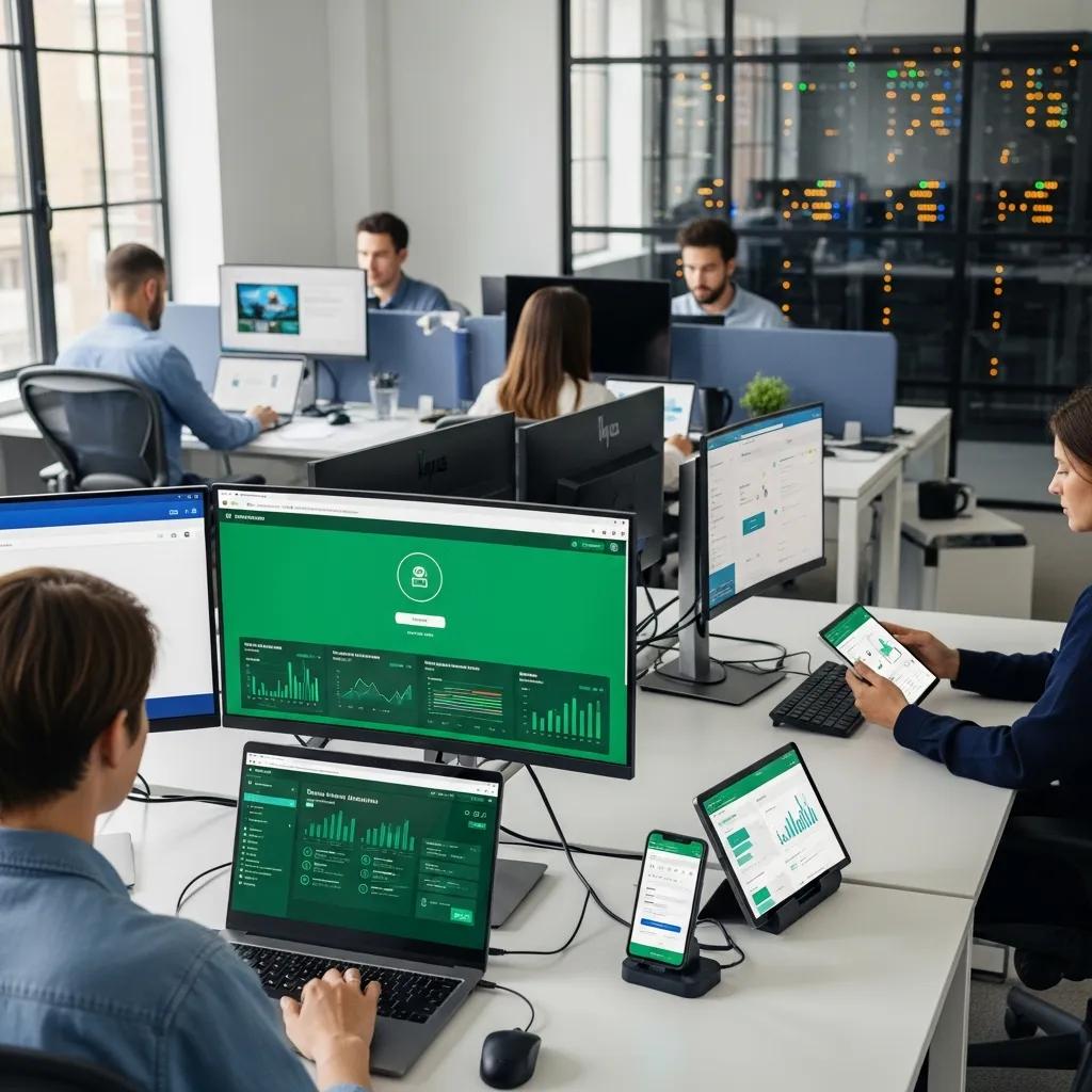 Moderne Büroumgebung mit Laptops, Desktops und mobilen Geräten, die Endpoint-Sicherheitslösungen von ACATO GmbH präsentieren.