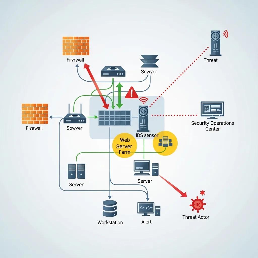 Netzwerkdiagramm eines Intrusion Detection Systems (IDS) mit Datenfluss, Bedrohungen, Firewalls, Servern und einer Sicherheitsoperationszentrale zur Erkennung von Angriffen auf IT-Infrastrukturen.