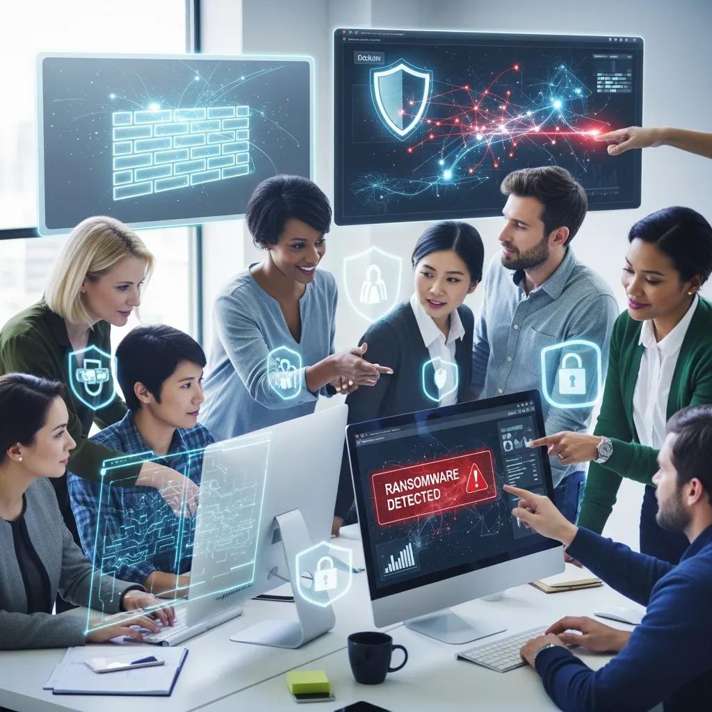 Office scene illustrating teamwork in cybersecurity practices against ransomware threats