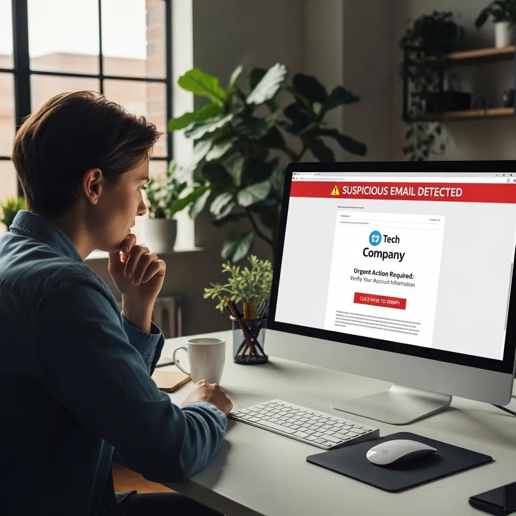 Person in a modern office setting looking concerned at a computer screen displaying a phishing email warning with the text "SUSPICIOUS EMAIL DETECTED" and "Urgent Action Required: Verify Your Account Information."