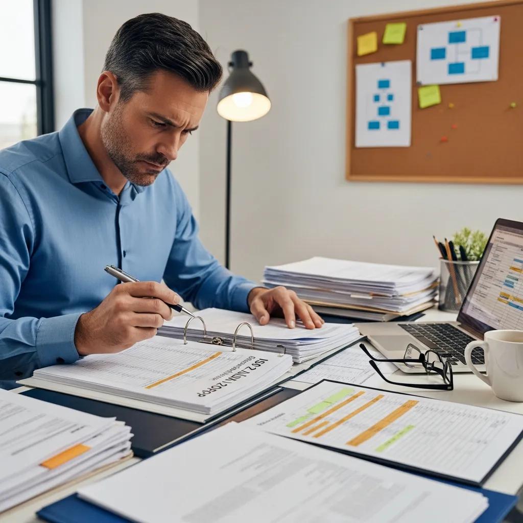 Mann in einem organisierten Büro, der Dokumente für ein ISO 27001-Audit vorbereitet, mit Fokus auf Sicherheit und Besuchermanagement.