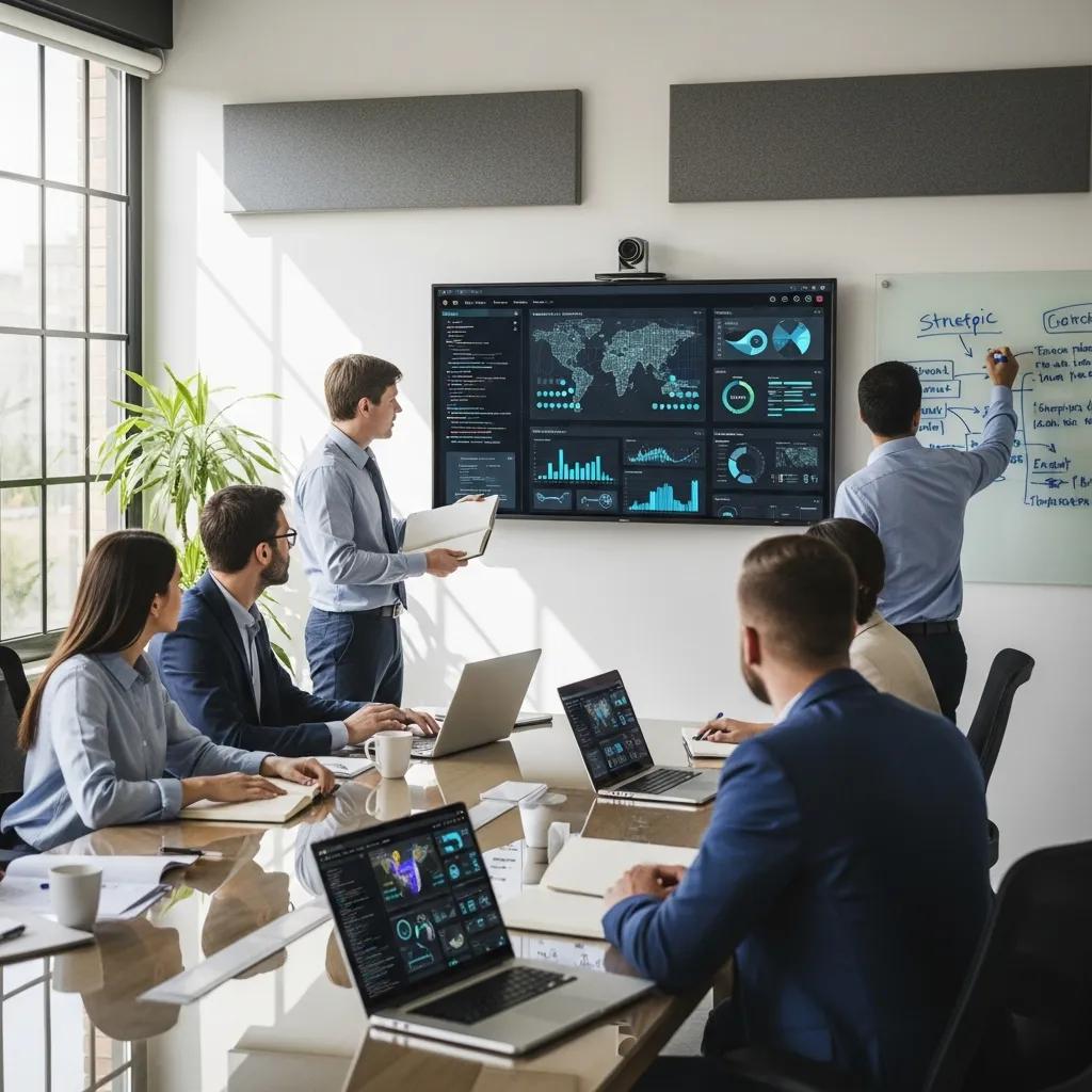 Professionals collaborating in a modern office discussing cybersecurity strategies, analyzing data on screens, and engaging in a structured vulnerability management meeting.