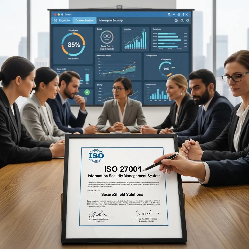 Fachleute besprechen ISO‑27001‑Zertifizierung in einem Konferenzraum