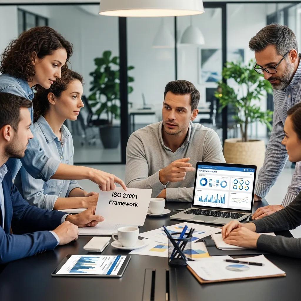 Team collaborating on ISO 27001 certification in a modern office, discussing frameworks and data analysis with charts on a laptop and documents on the table.