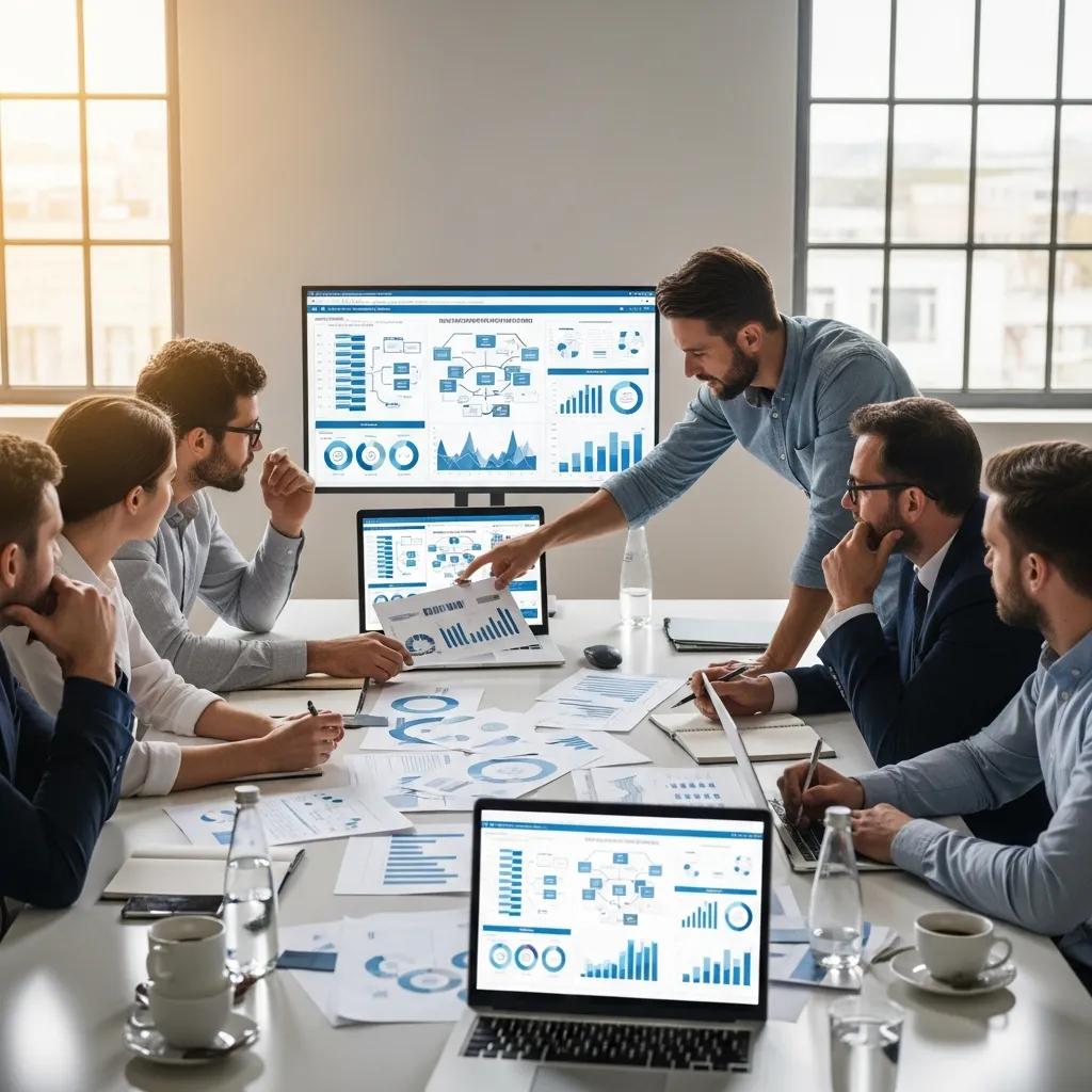 Team conducting a data protection analysis session for GDPR compliance in a conference room, discussing charts and graphs on screens and documents.
