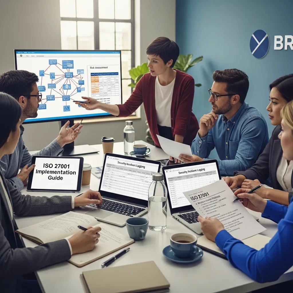 Team meeting discussing ISO 27001 certification strategies, with laptops displaying implementation guides and assessment charts in a modern office setting.