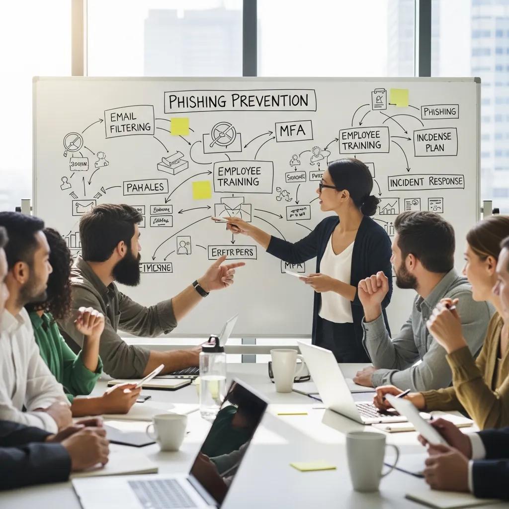 Team bespricht Phishing-Präventionsstrategien in einem Konferenzraum, Whiteboard mit Diagramm zu E-Mail-Filterung, Mitarbeiterschulung und MFA.