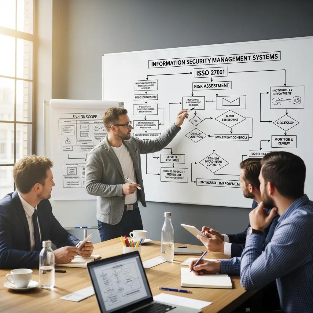 Mann präsentiert Diagramm zu Informationssicherheitsmanagementsystemen (ISO 27001) in Besprechungsraum, während Teammitglieder Notizen machen und diskutieren.