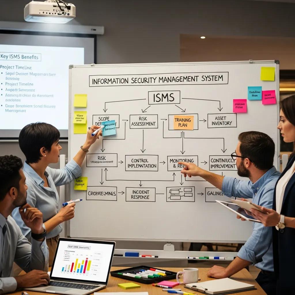Team diskutiert Schritte zur Implementierung eines Informationssicherheits-Managementsystems (ISMS) nach ISO/IEC 27001 an einer Tafel, mit Fokus auf Risikobewertung, Schulungsplan und kontinuierliche Verbesserung.