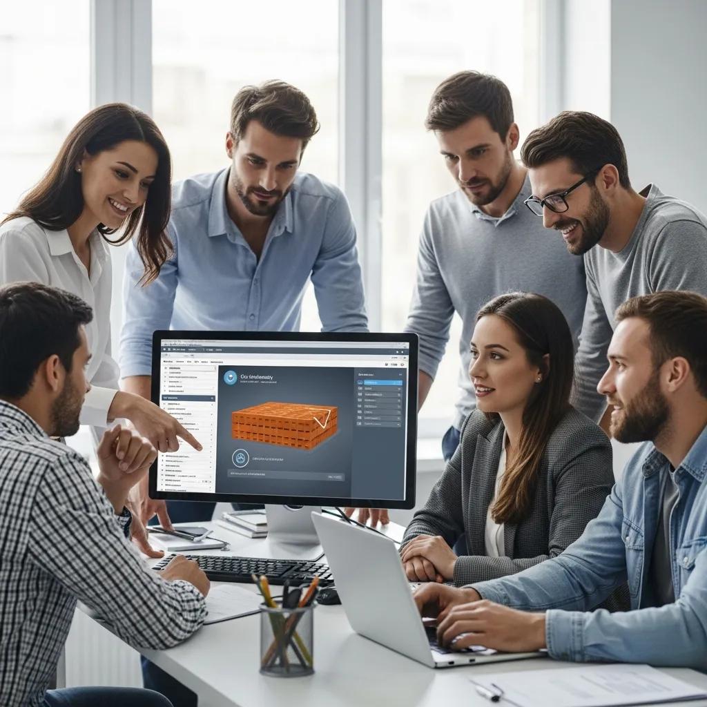 Diverse Team von Mitarbeitern, die in modernem Büro an IT-Sicherheitsstrategien arbeiten, Bildschirm zeigt Cybersecurity-Datenvisualisierung.