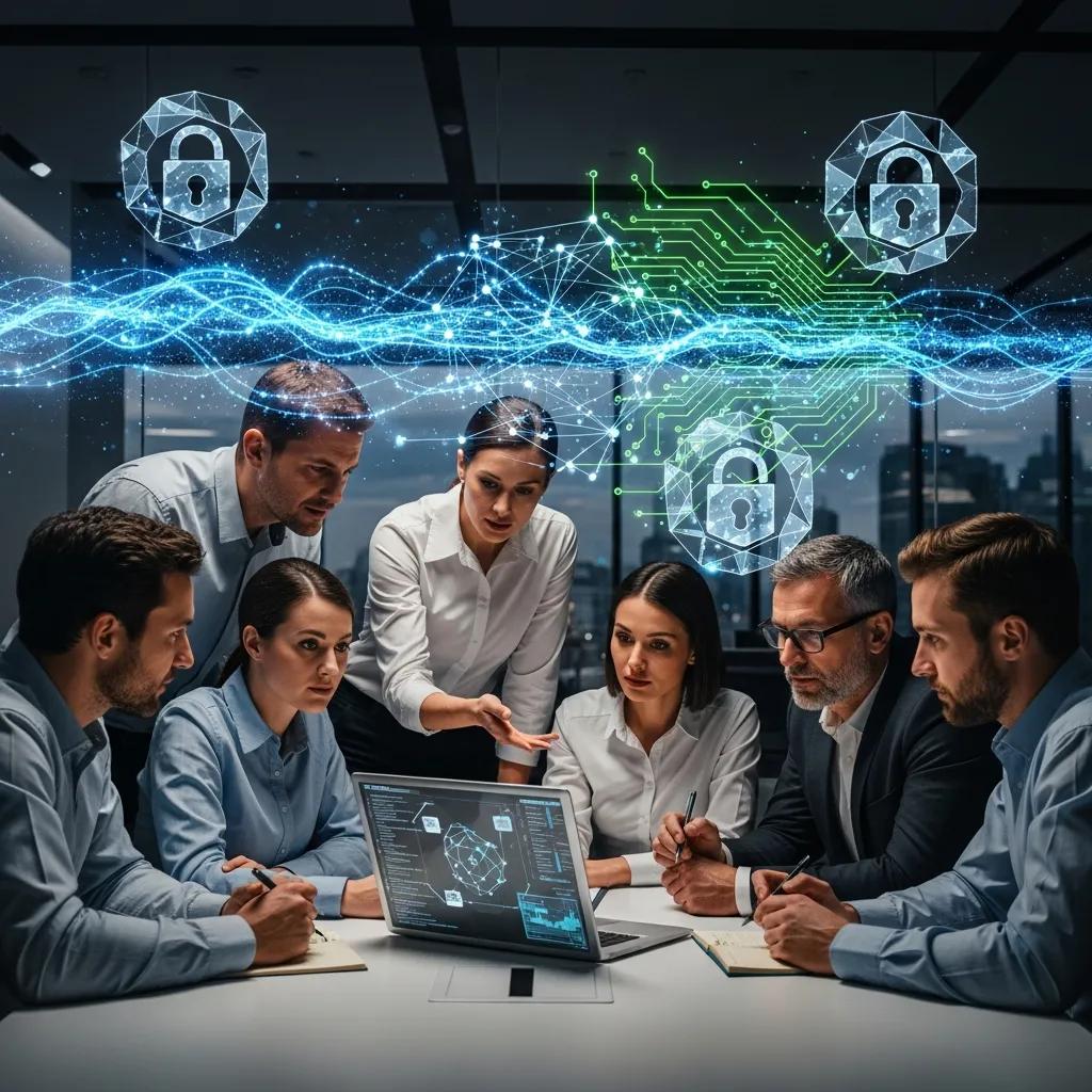 Team of IT security auditors discussing cybersecurity strategies around a laptop in a professional environment