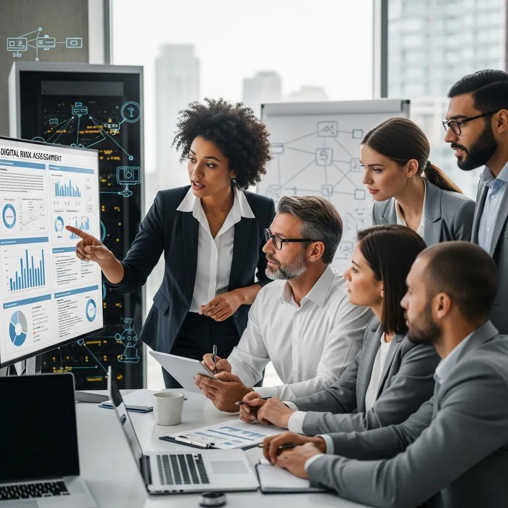 Team von IT-Sicherheitsexperten, die an einer digitalen Risikoanalyse arbeiten, mit Diagrammen und Statistiken auf einem Bildschirm in modernem Büro.