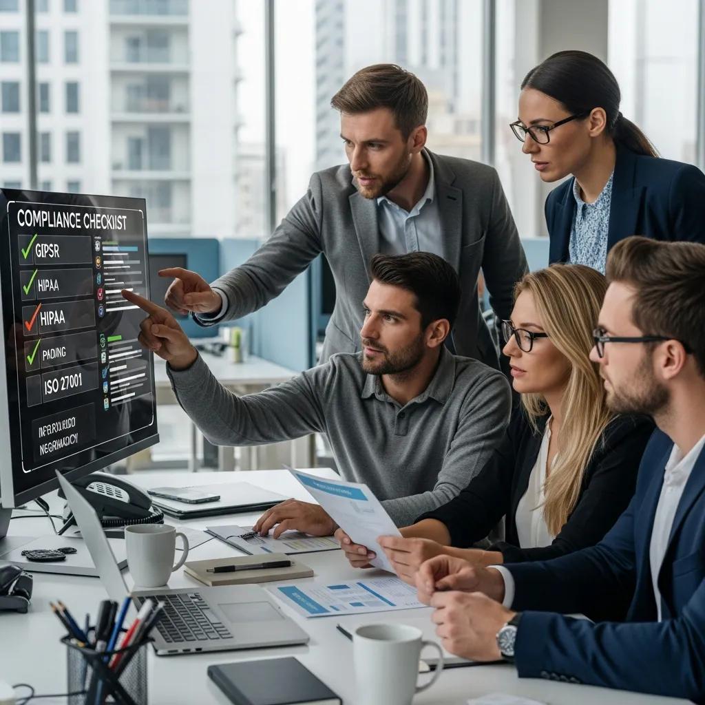 Team prüft Compliance‑Checklist für ISO 27001 und DSGVO in einem modernen Büro