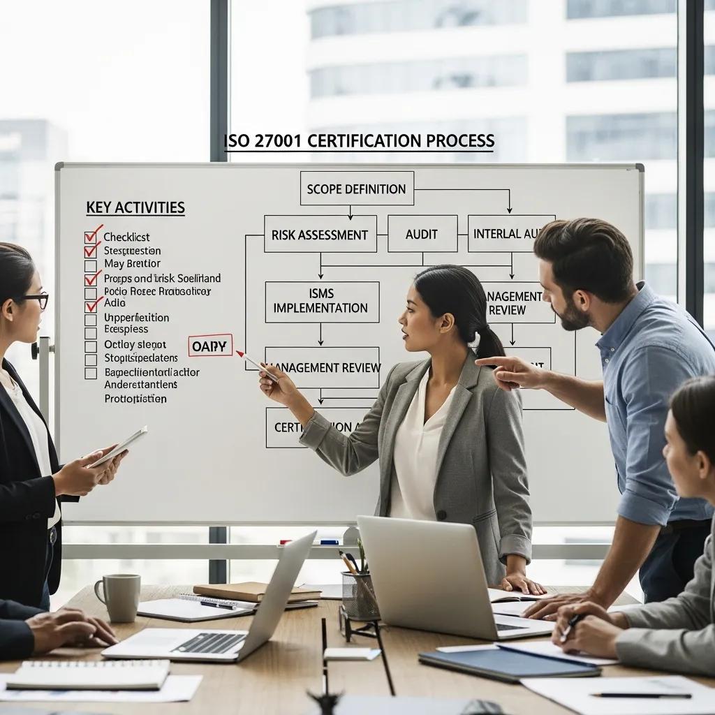 Team reviewing the ISO 27001 certification process on a whiteboard in a collaborative workspace, highlighting key activities and steps like risk assessment, ISMS implementation, and audit procedures.