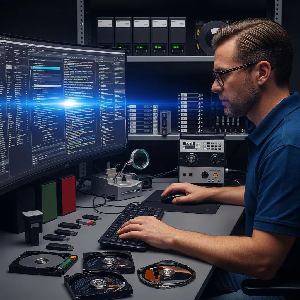 Techniker führt Datenwiederherstellung nach einem Cyber-Sicherheitsvorfall durch, um verlorene Daten zu rekonstruieren, mit Recovery-Tools und Festplatten im Vordergrund.