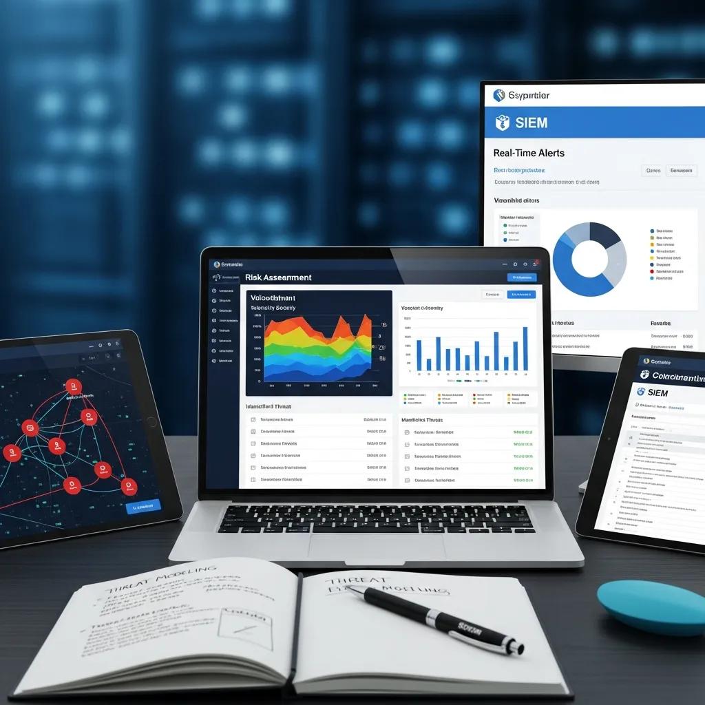 Laptop and tablet displaying cybersecurity tools for risk assessment, including SIEM alerts and threat modeling graphs, alongside an open notebook with notes on threat evaluation, emphasizing effective cyber risk analysis and management.