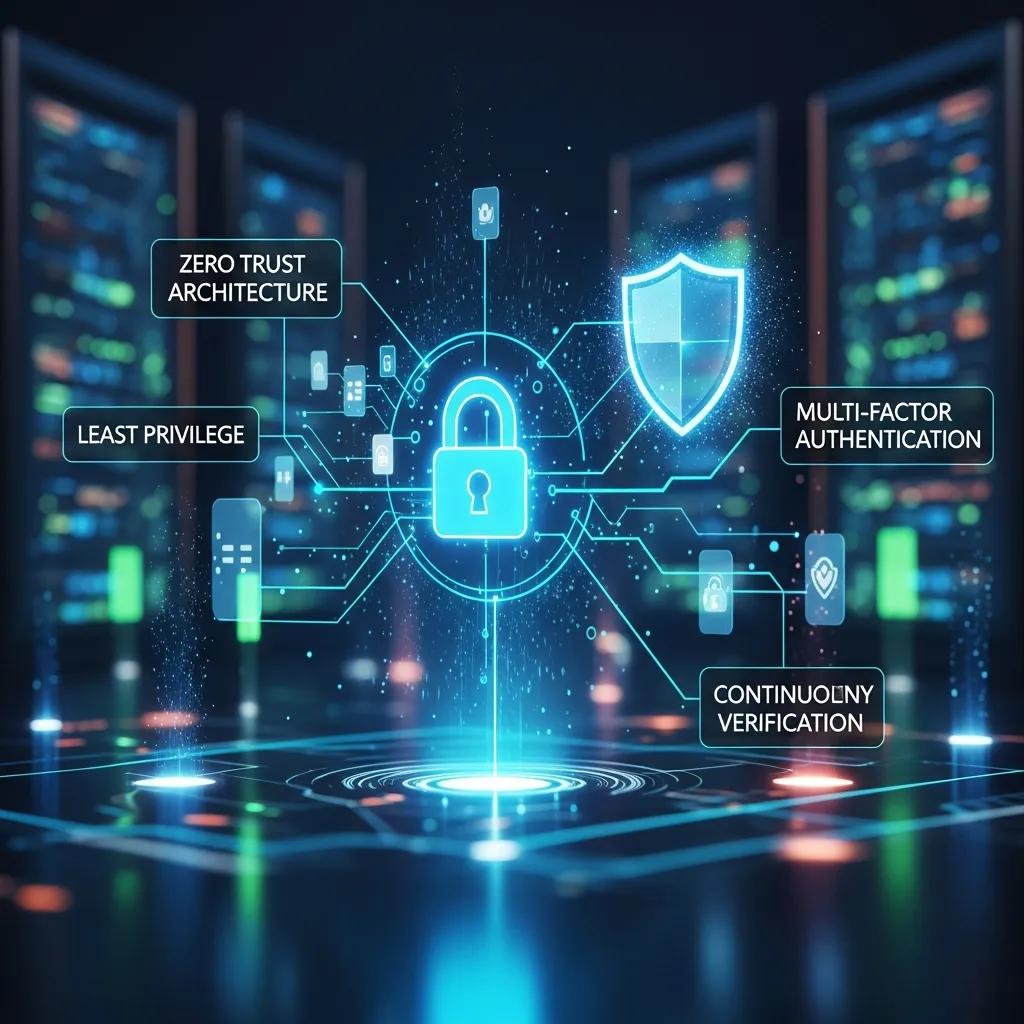 Visualisierung von Zugriffskontrollen mit Fokus auf Zero Trust-Architektur, einschließlich Schlüsselkonzepte wie kontinuierliche Verifikation, Mehrfaktor-Authentifizierung und das Prinzip der minimalen Berechtigung.