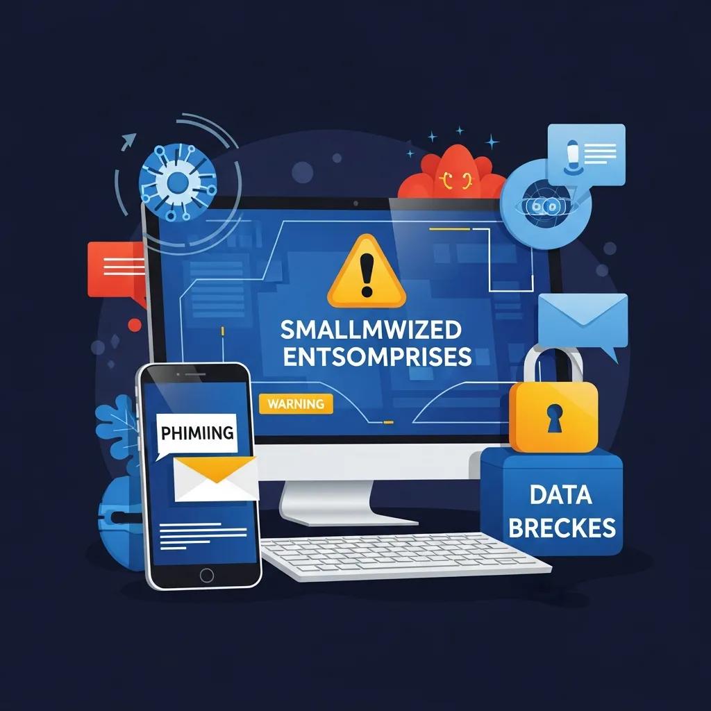 Visualisierung von Cyberbedrohungen für kleine Unternehmen, einschließlich Phishing und Datenpannen, mit Warnsymbol und relevanten Icons.