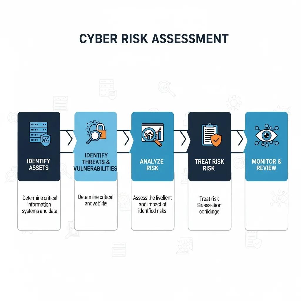Visualisierung des schrittweisen Prozesses der Cyber-Risikobewertung, einschließlich Identifikation von Assets, Bedrohungen und Schwachstellen, Risikoanalyse, Risikobehandlung sowie Monitoring und Überprüfung.