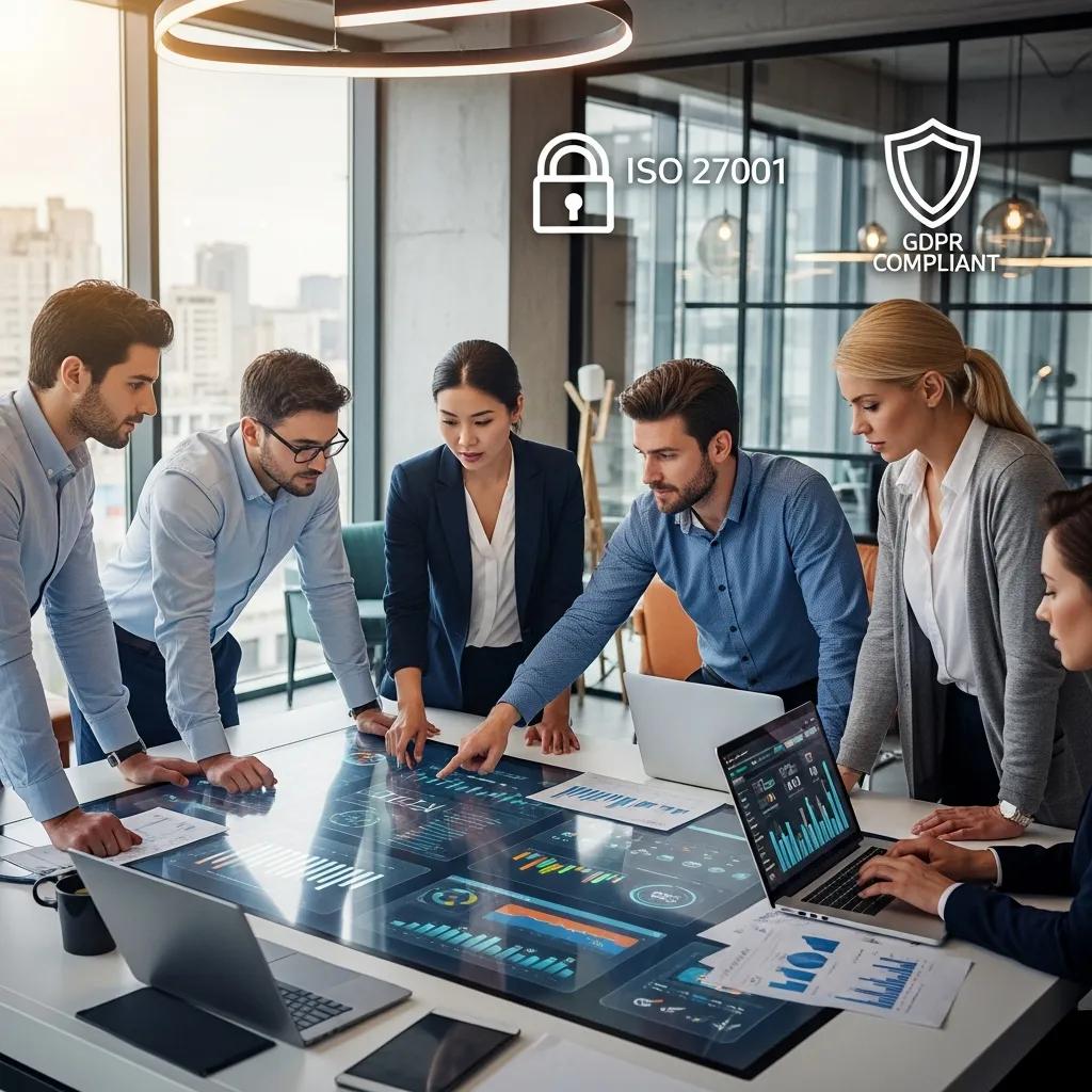 Business professionals collaborating on risk management strategies for ISO 27001 and GDPR compliance