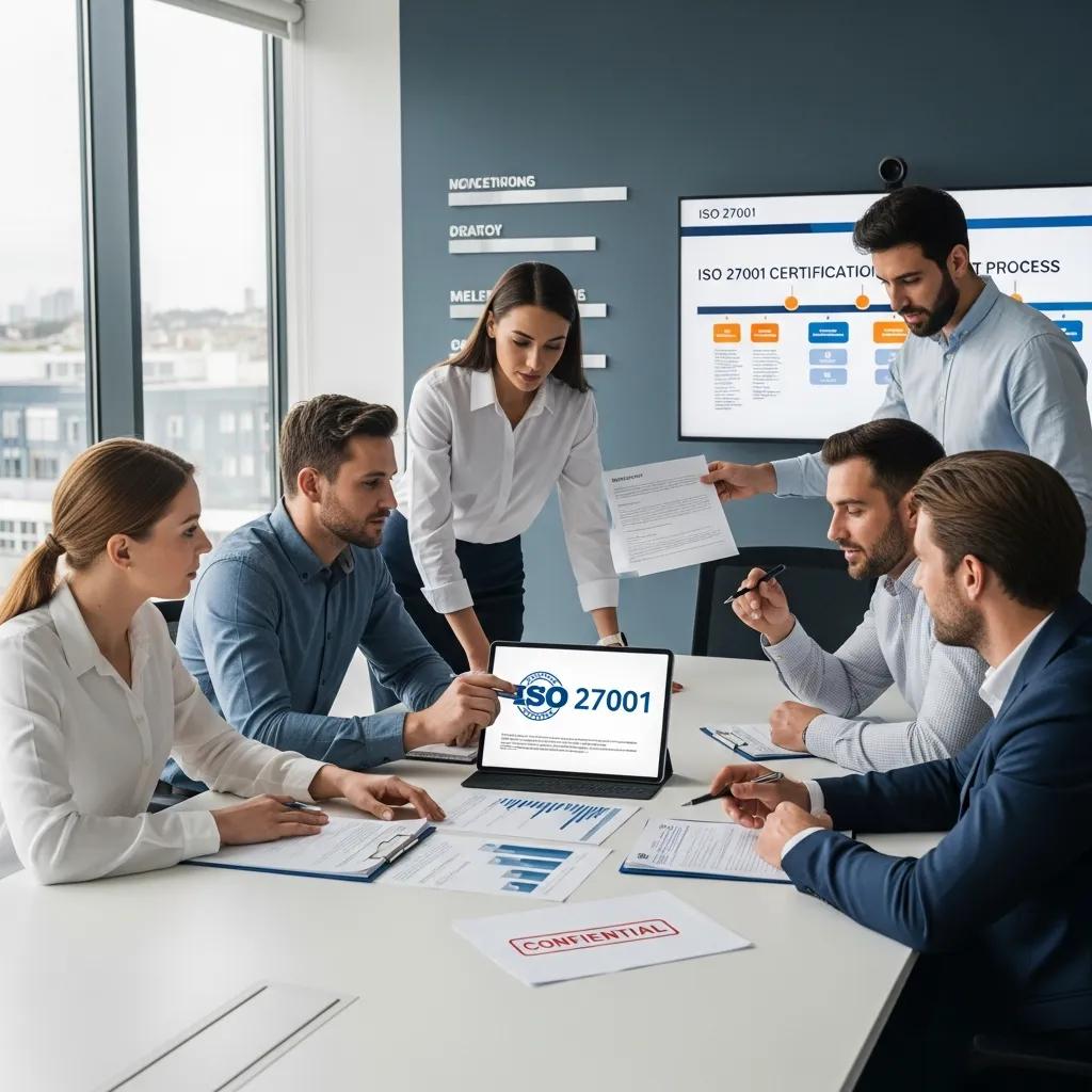 Geschäftsteam diskutiert ISO 27001-Zertifizierung in modernem Büro, Laptop mit ISO 27001-Logo, Präsentation im Hintergrund, Dokumente auf dem Tisch, Fokus auf Datensicherheit und Vertrauen.