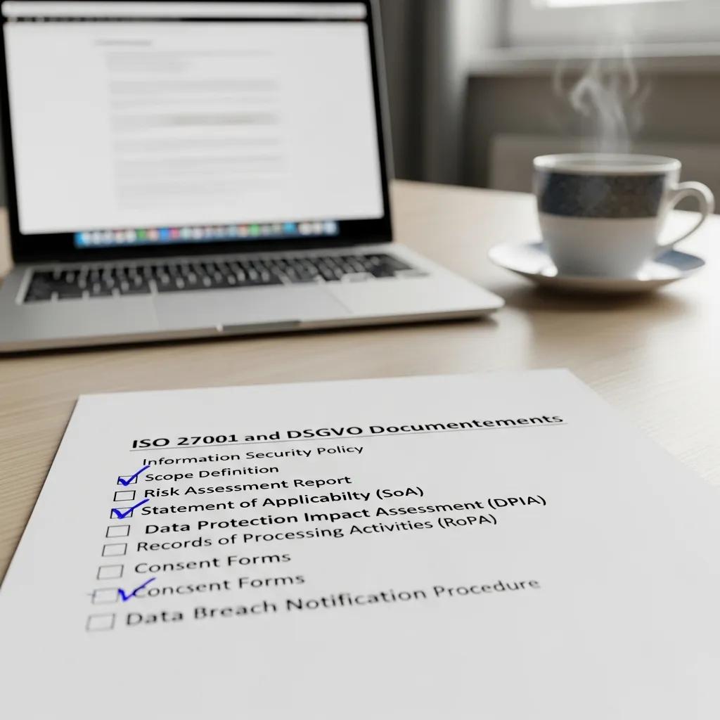 Checkliste mit Anforderungen zur ISO 27001- und DSGVO-Dokumentation auf einem Schreibtisch