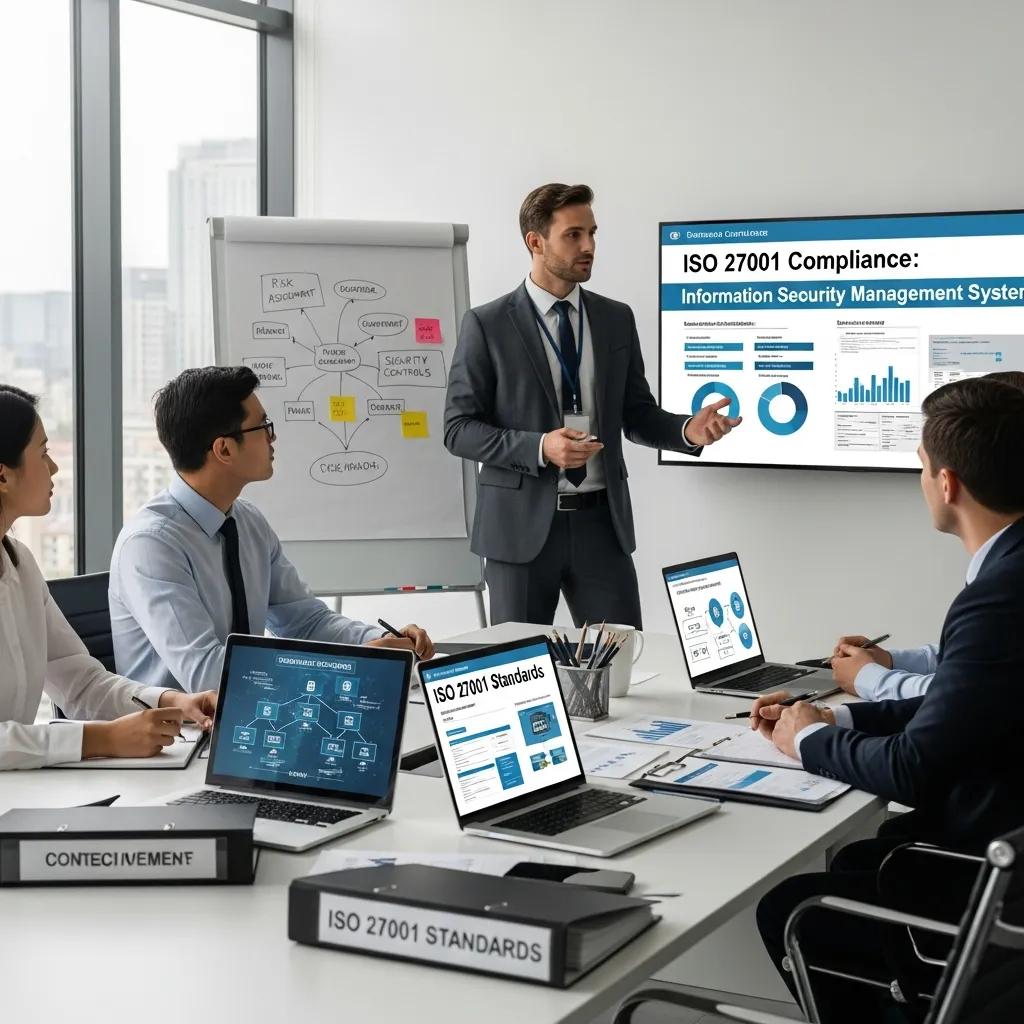 Consultant explaining ISO 27001 compliance to a business team in a professional setting