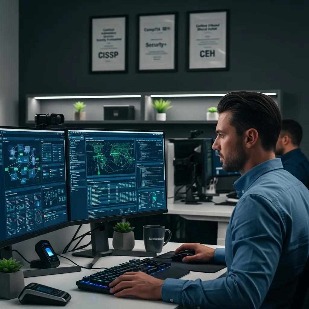 IT-Sicherheitsexpertin analysiert Daten auf modernen Monitoren in einem Büro