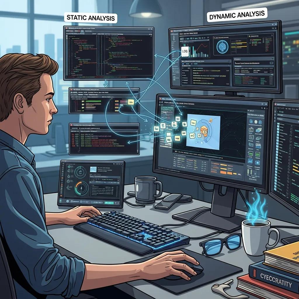 Mann führt Malware-Analyse durch, um statische und dynamische Analysen zu kombinieren, mit mehreren Bildschirmen, die Code und Datenvisualisierungen anzeigen, in modernem Büro.