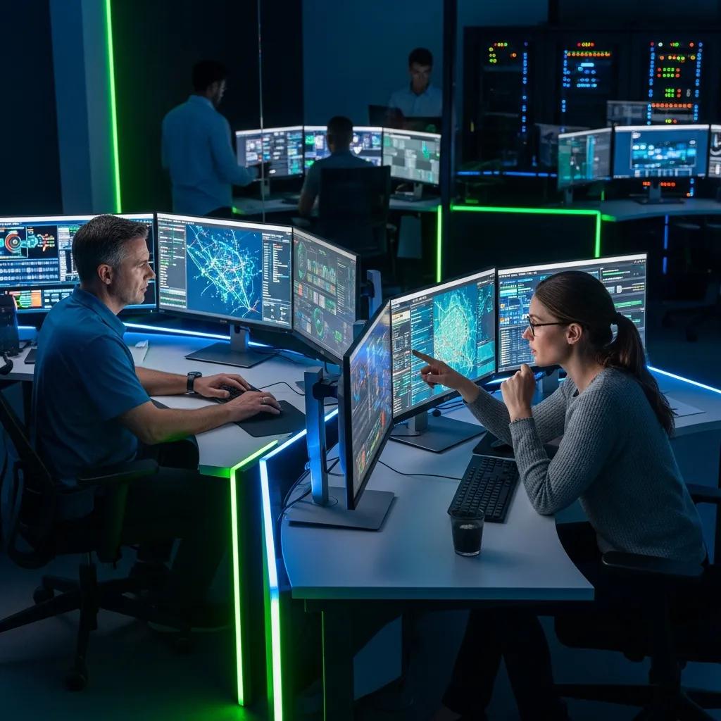 Analysten im Cybersecurity Operations Center, die SIEM-Systeme überwachen und Sicherheitsdaten analysieren, mit mehreren Bildschirmen und grafischen Darstellungen von Netzwerk- und Sicherheitsereignissen.