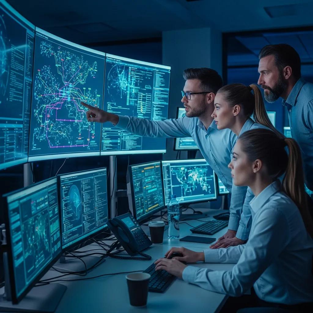 Fachleute für Cybersicherheit überwachen Systeme in modernem Büro, analysieren Daten auf mehreren Bildschirmen zur Früherkennung von Cyberangriffen.