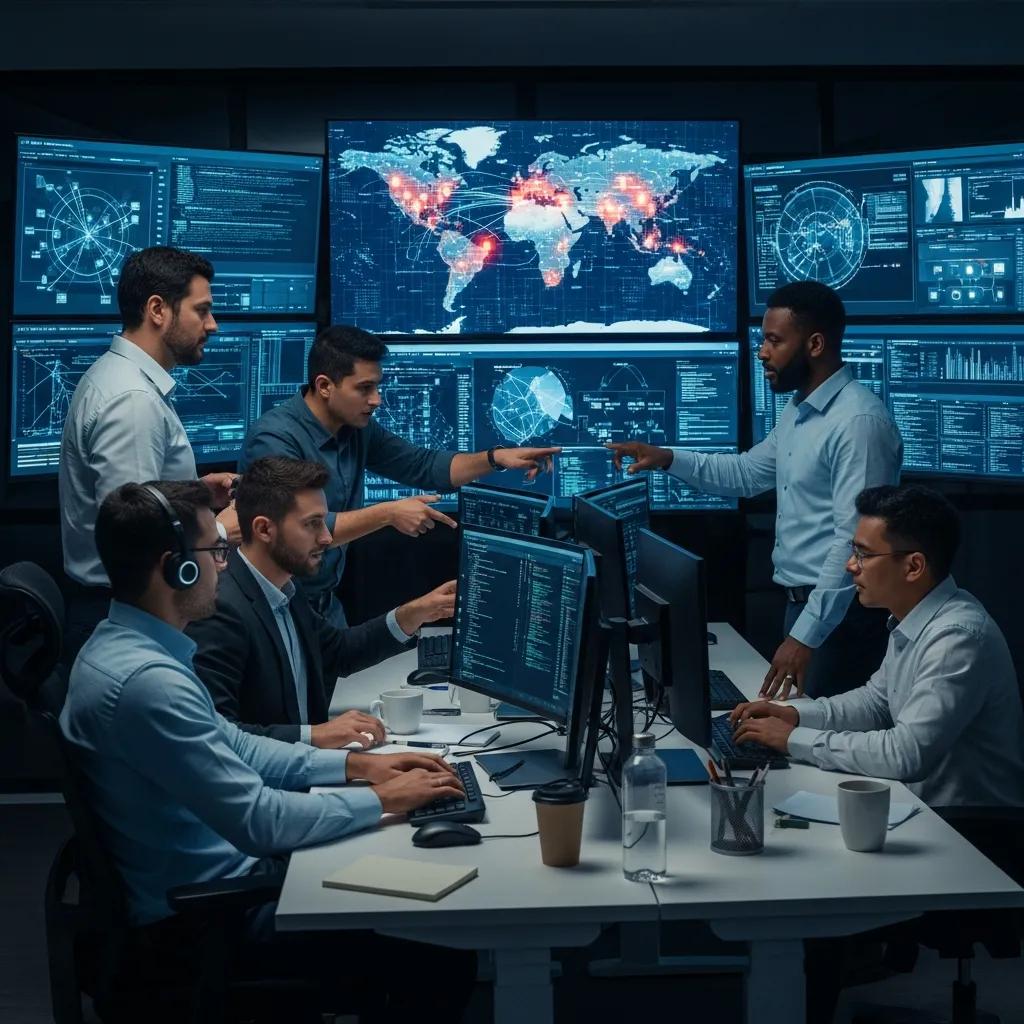 Cybersecurity professionals monitoring systems in a modern office setting, analyzing data on multiple screens, discussing cyber attack strategies for damage minimization.